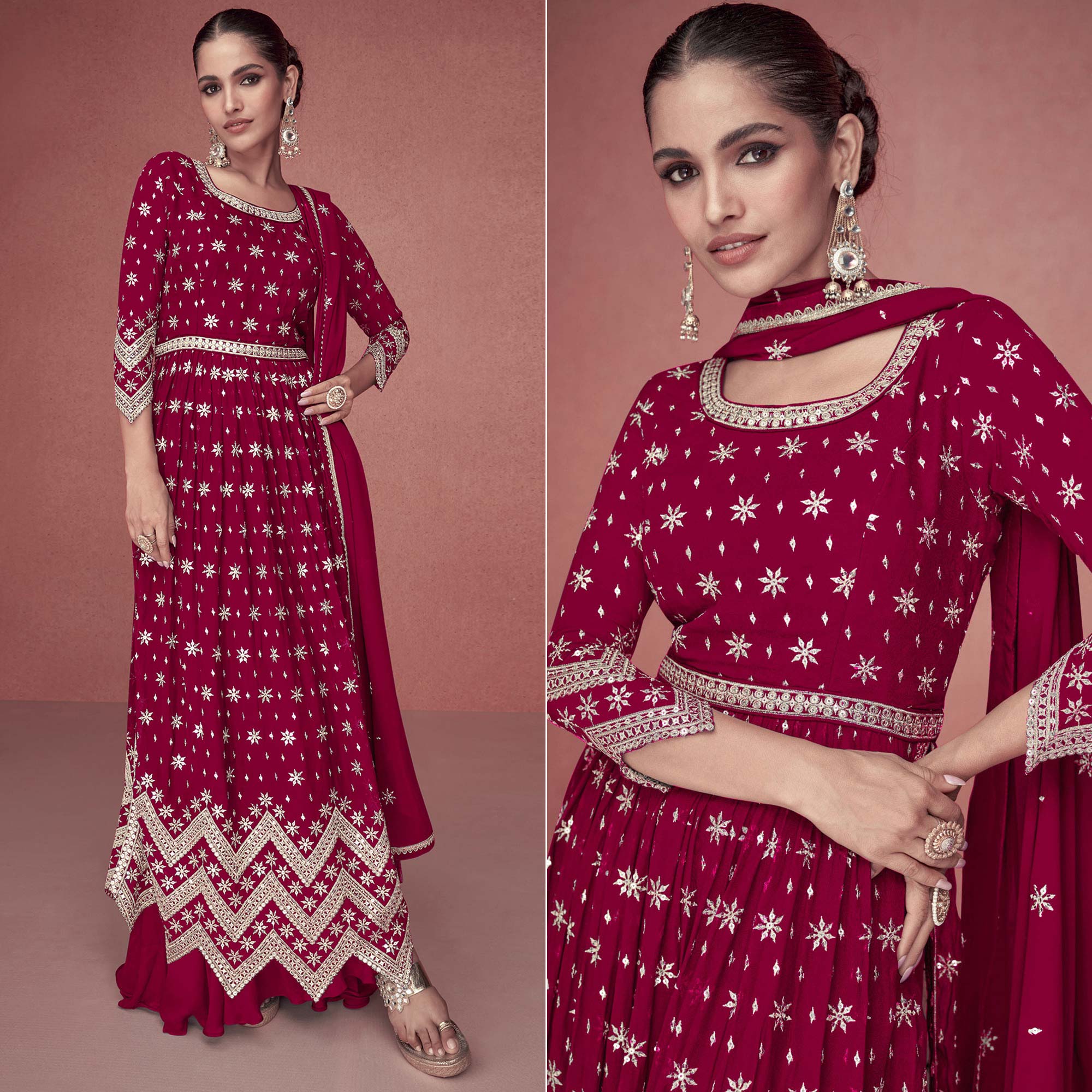 Rani Pink Sequins Embroidered Georgette Semi Stitched Naira Cut Suit