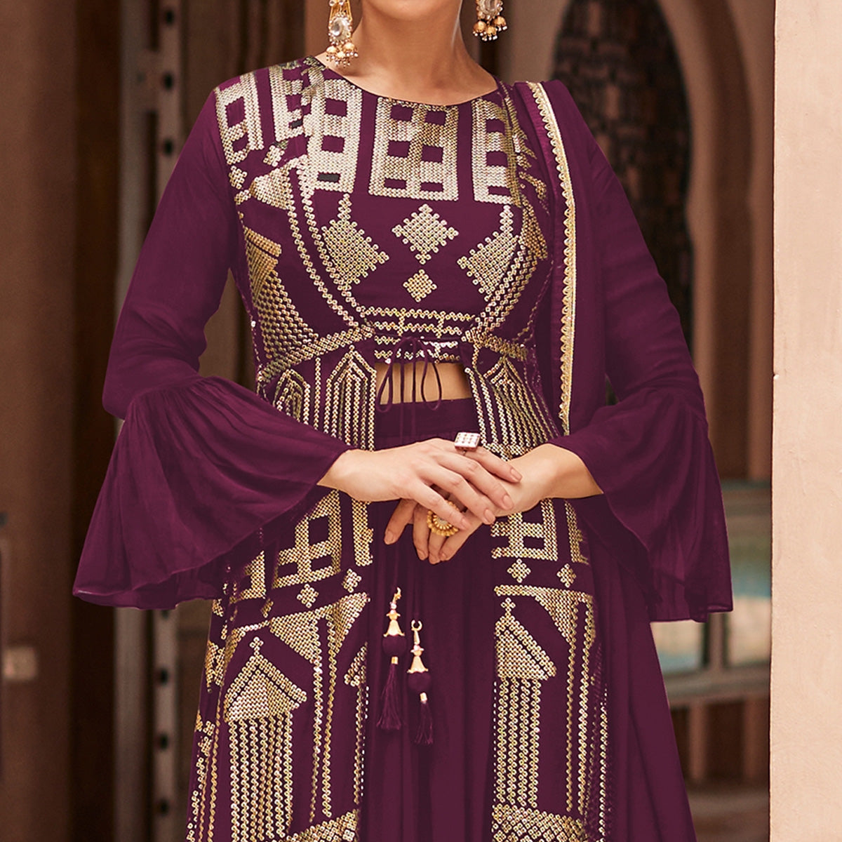 Purple Sequins Embroidered Georgette Sharara Choli With Jacket