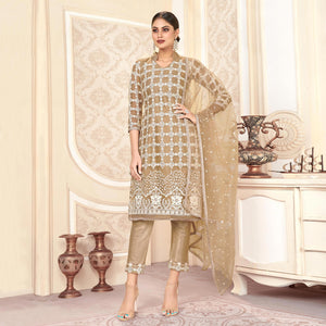 Brown Sequins Embroidered Net Semi Stitched Suit
