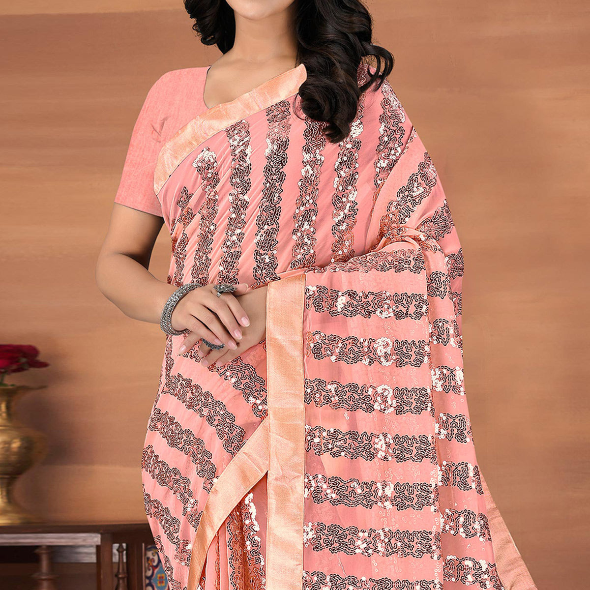Pink Sequins Embroidered Georgette Saree