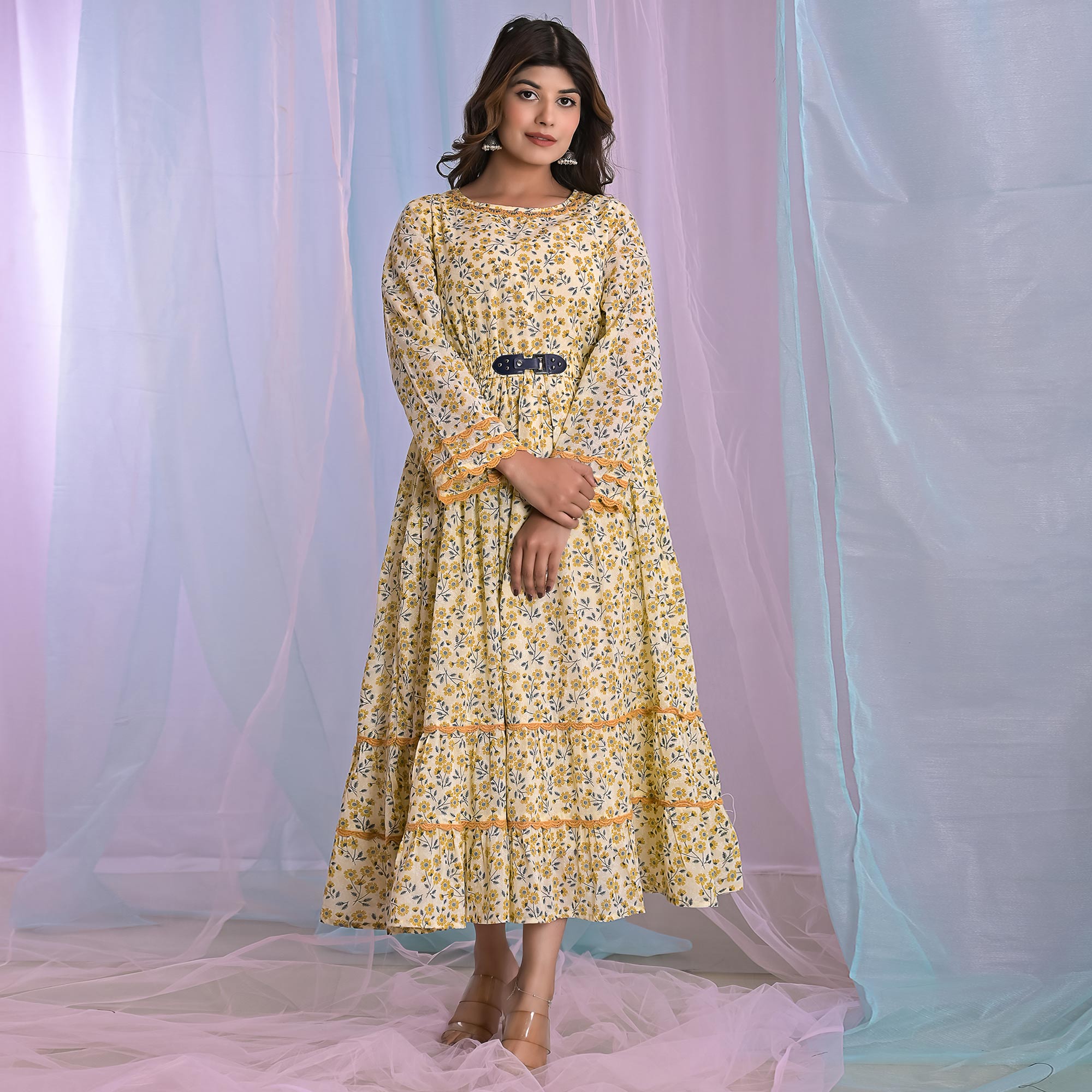 Yellow Floral Printed Pure Cotton Dress With Belt