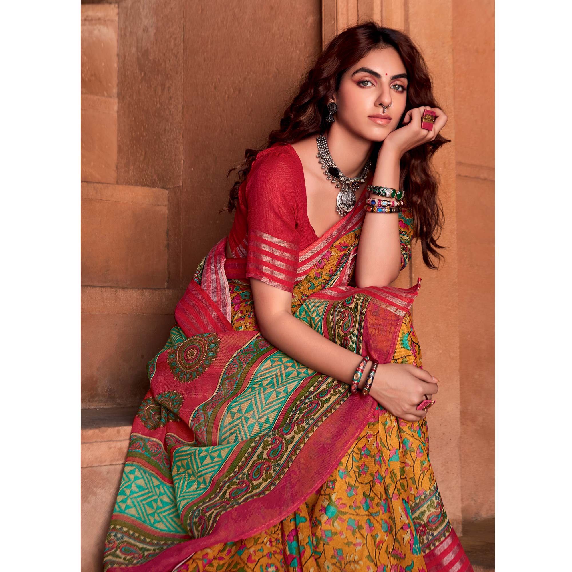 Mustard Floral Printed Linen Saree