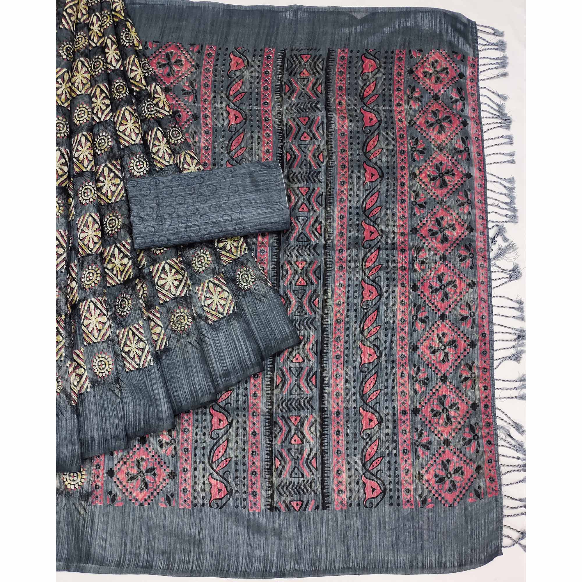 Grey Floral Printed Art Silk Saree