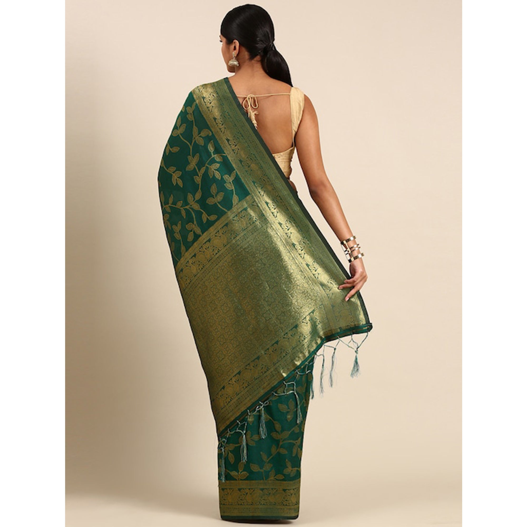 Green Woven Kanjivaram Silk Saree WithTassels