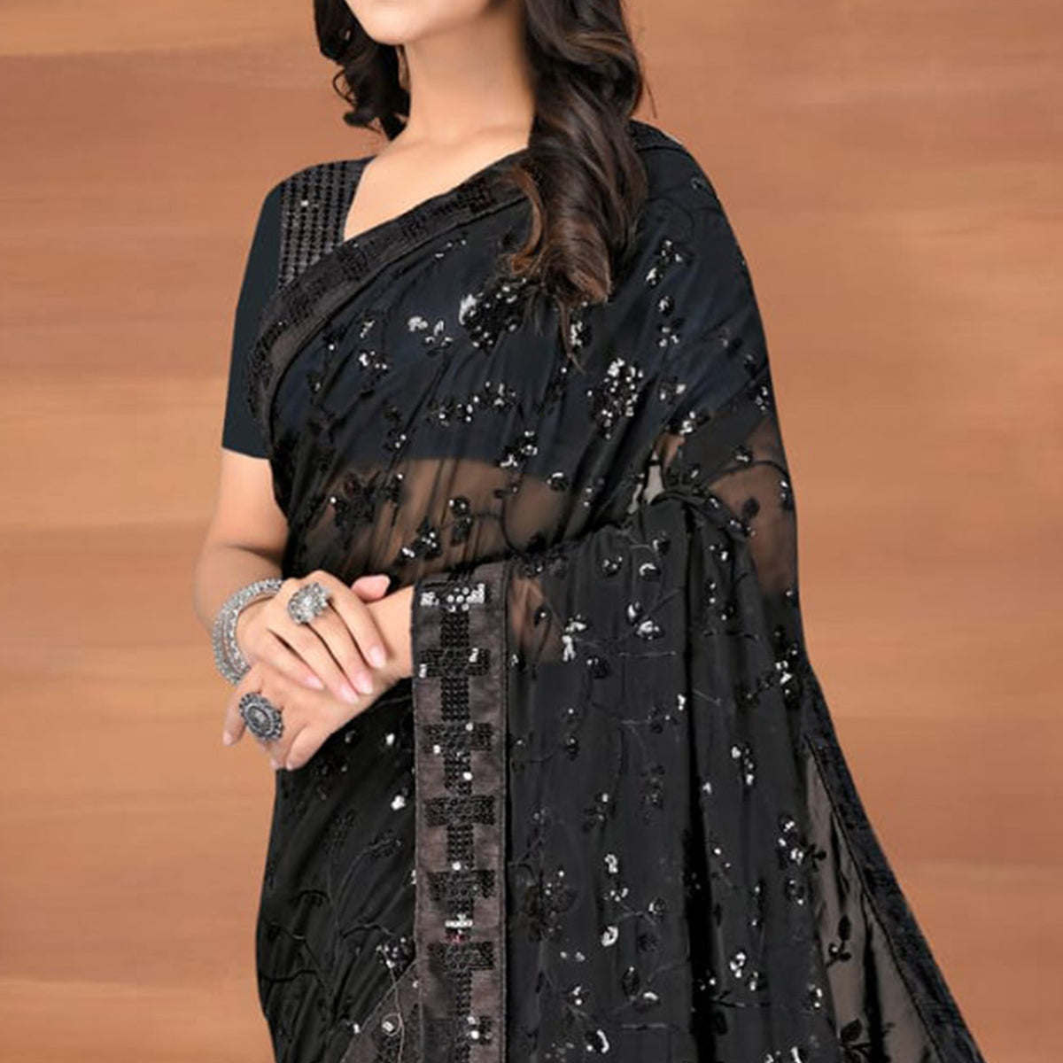 Black Sequins Emroidered Georgette Saree