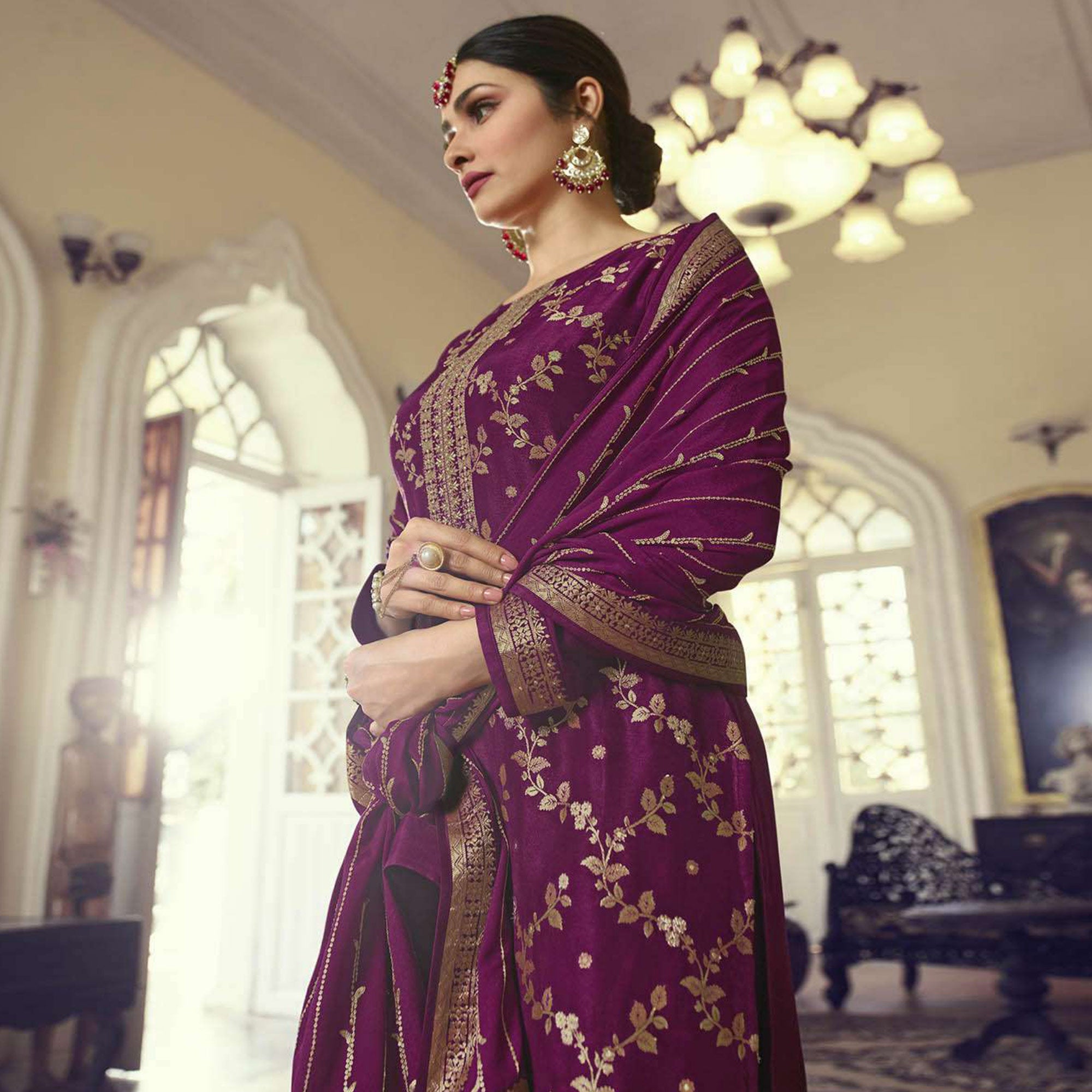 Purple Embroidered Dola Silk Palazzo Suit