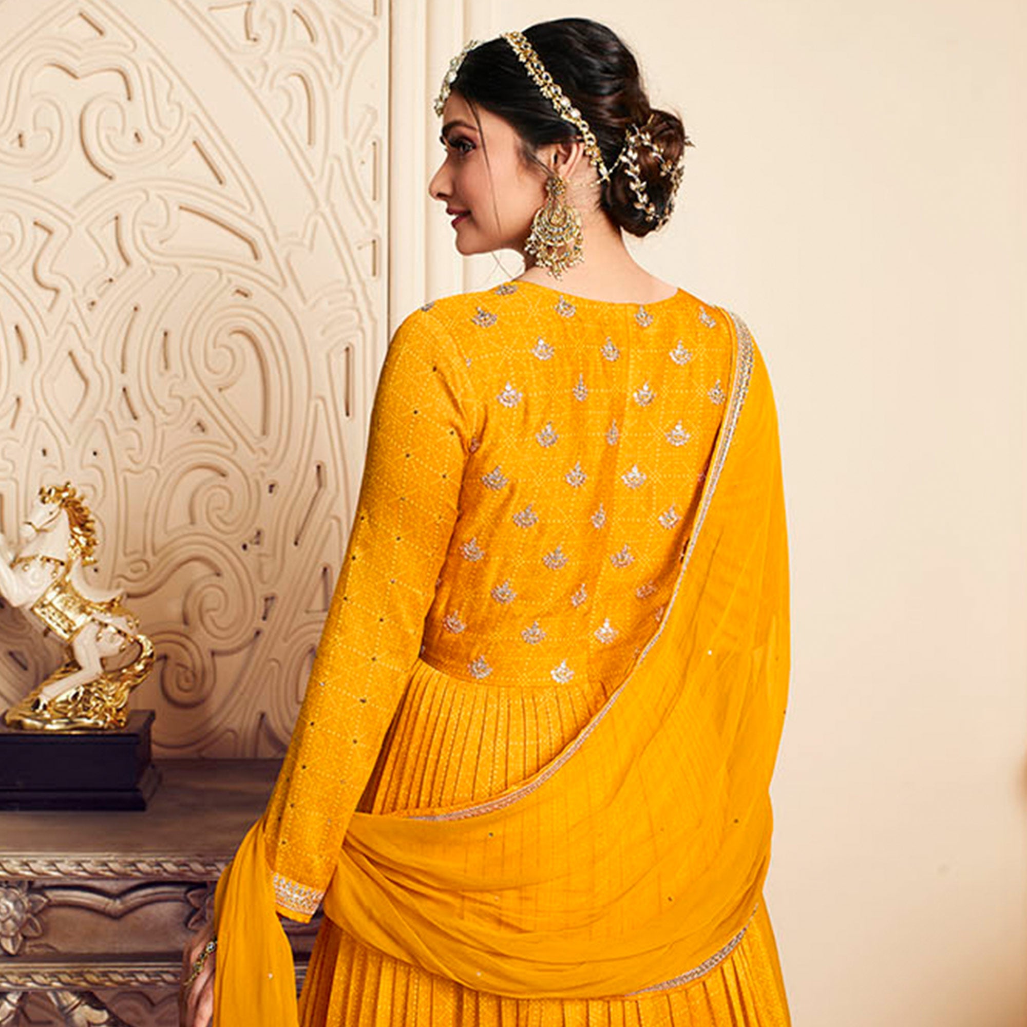 Mustard Printed With Embroidered Chiffon Gown