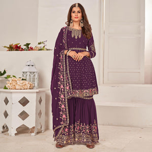 Purple Sequins Embroidered Georgette Sharara Suit