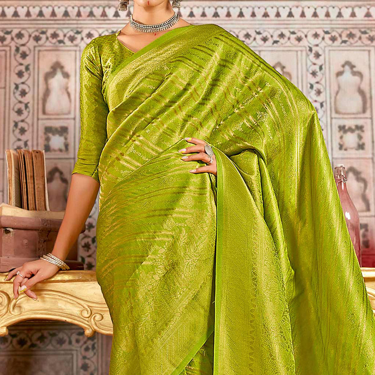 Green Floral Woven Art Silk Saree