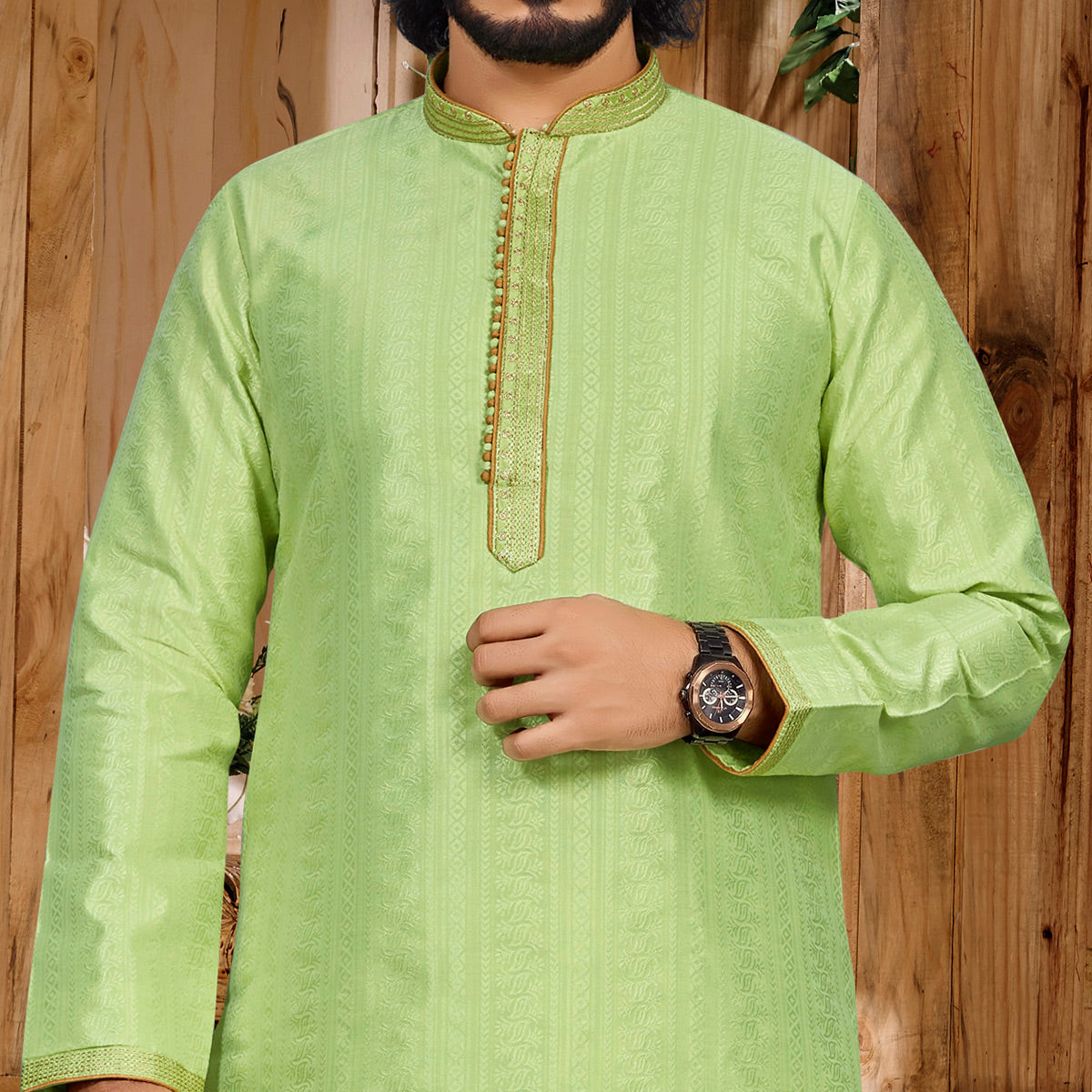 Parrot Green Woven Jacquard Kurta Pyjama Set
