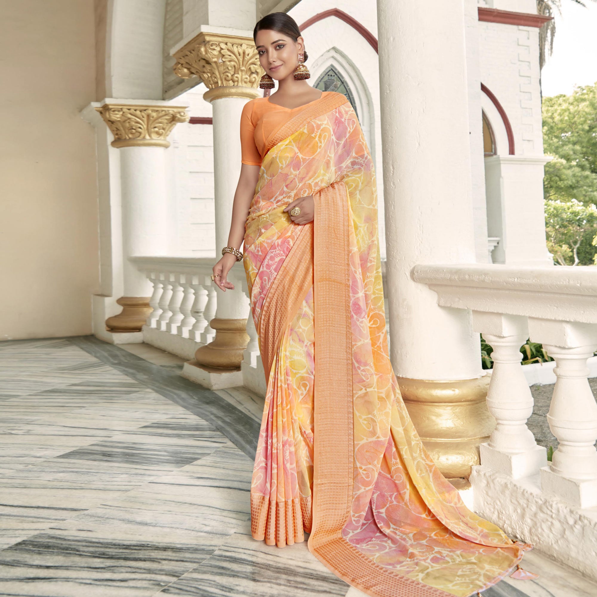 Orange Printed Georgette Saree With Checks Border