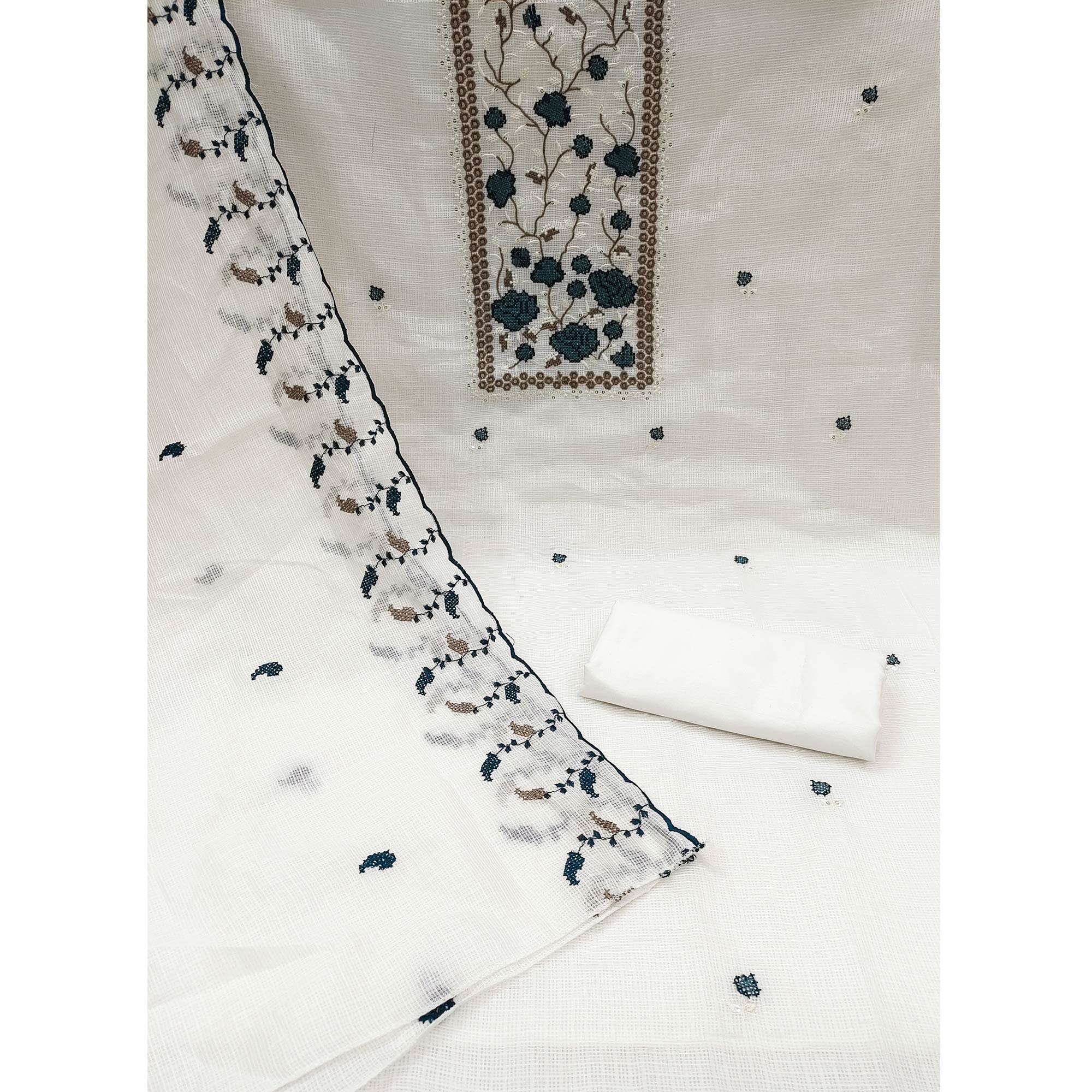 White & Blue Floral Embroidered Kota Doria Dress Material