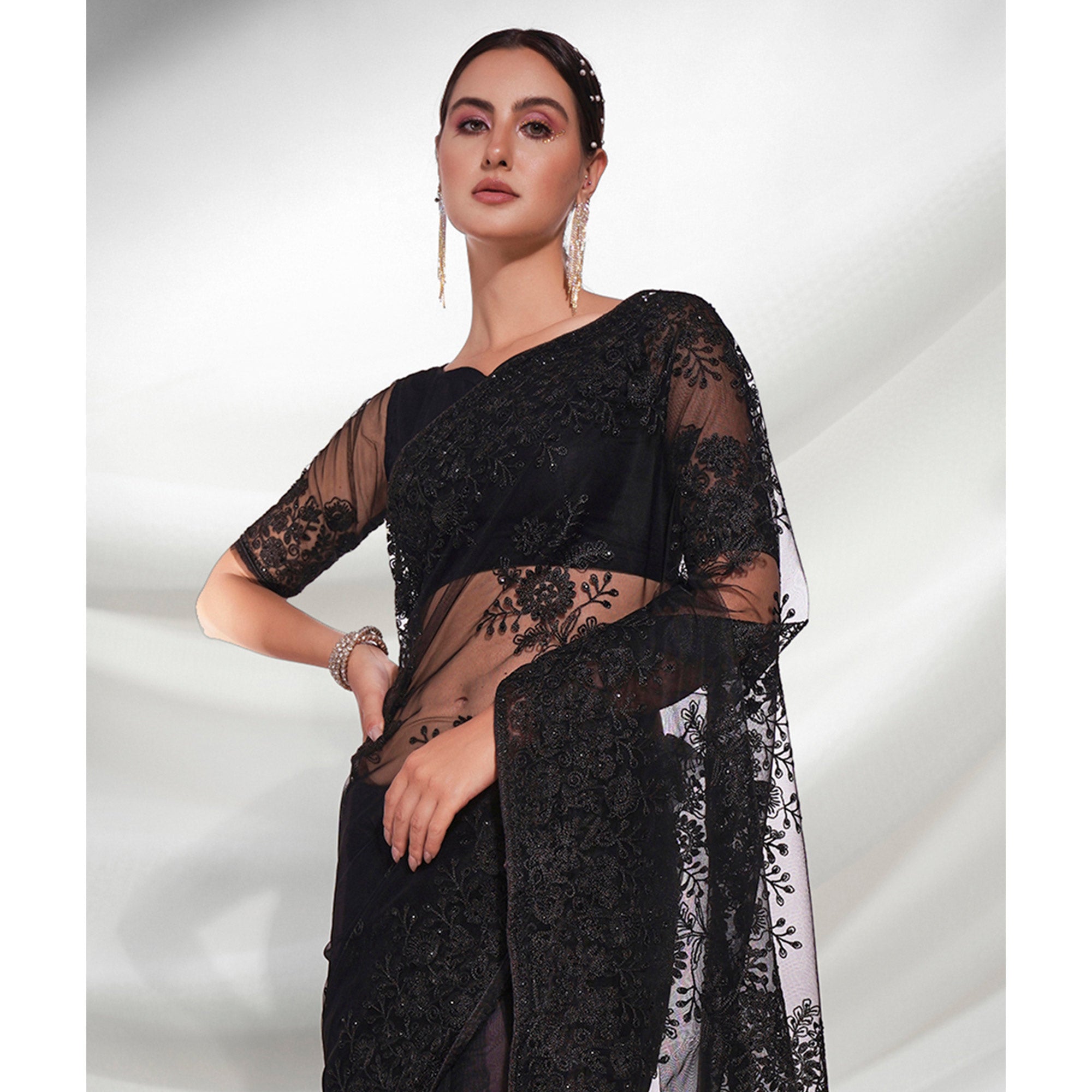 Black Floral Embroidered Net Saree