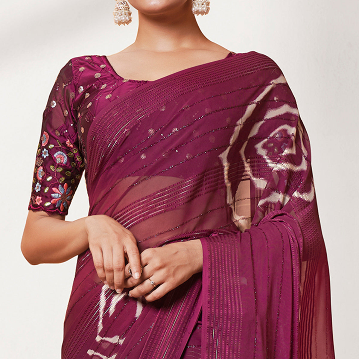 Wine Printed Wiht Embroidered Georgette Saree