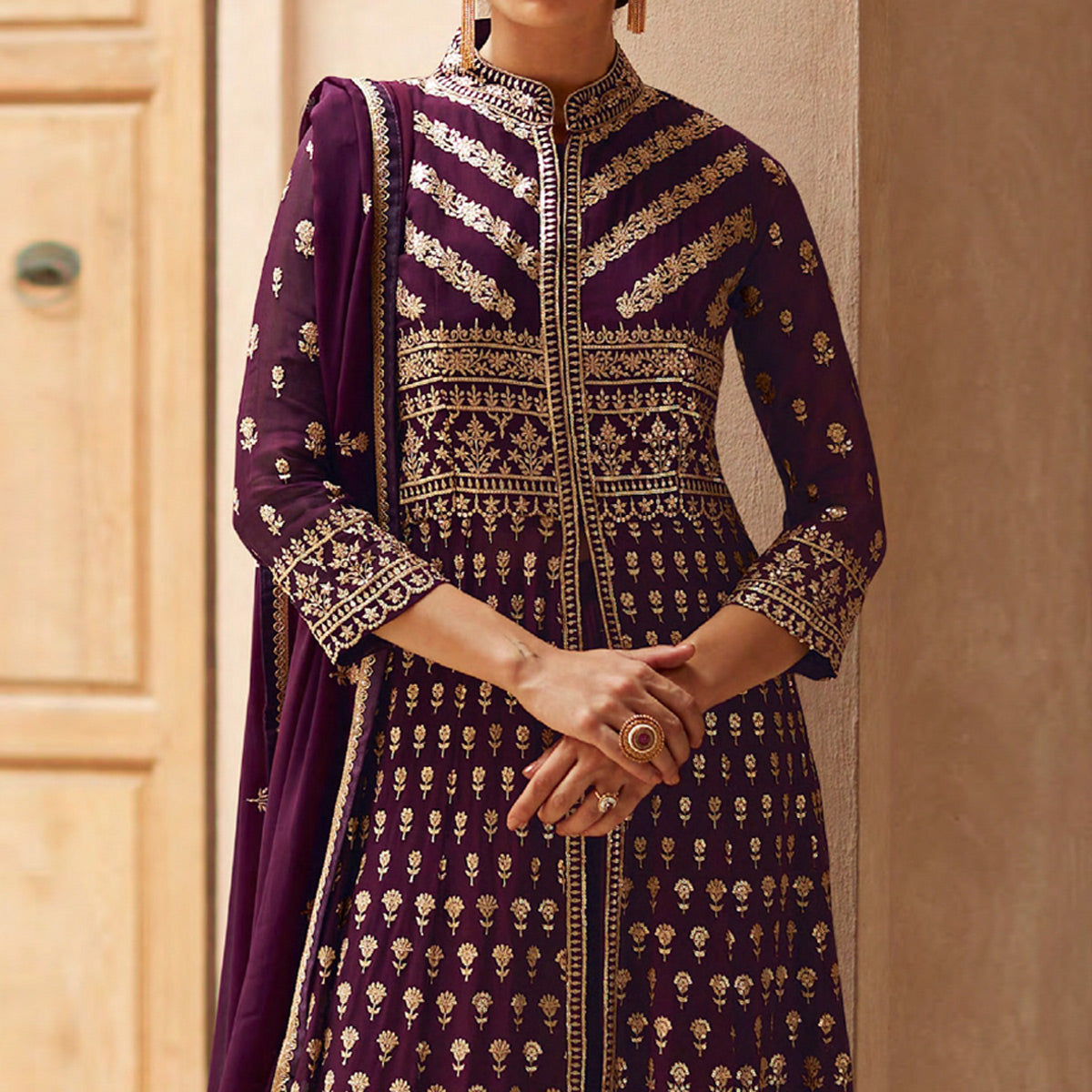 Wine Sequins Embroidered Georgette Palazzo Suit