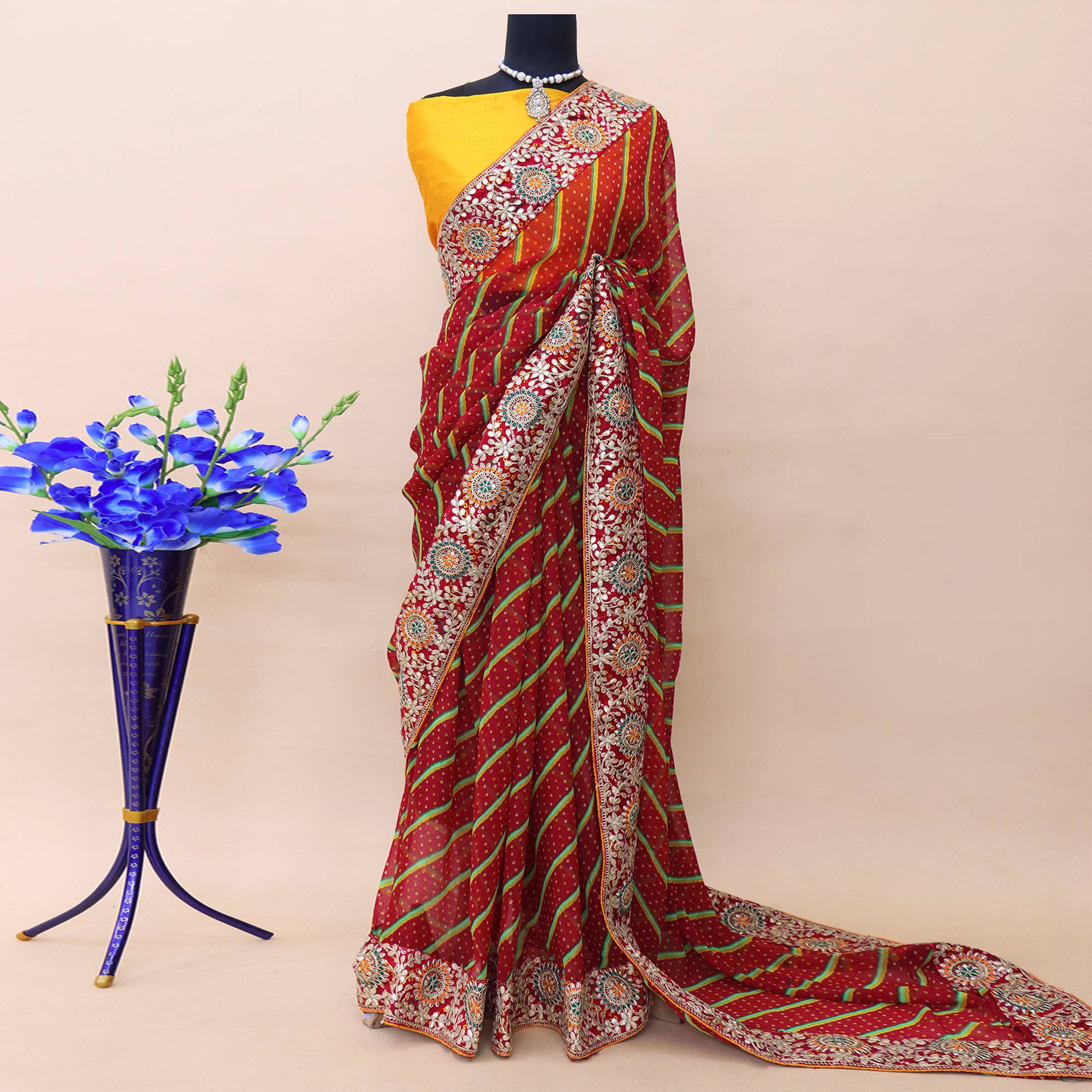Red Bandhani Printed With Embroidered Border Georgette Saree