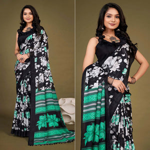 Black Floral Printed Jute Saree With Tassels