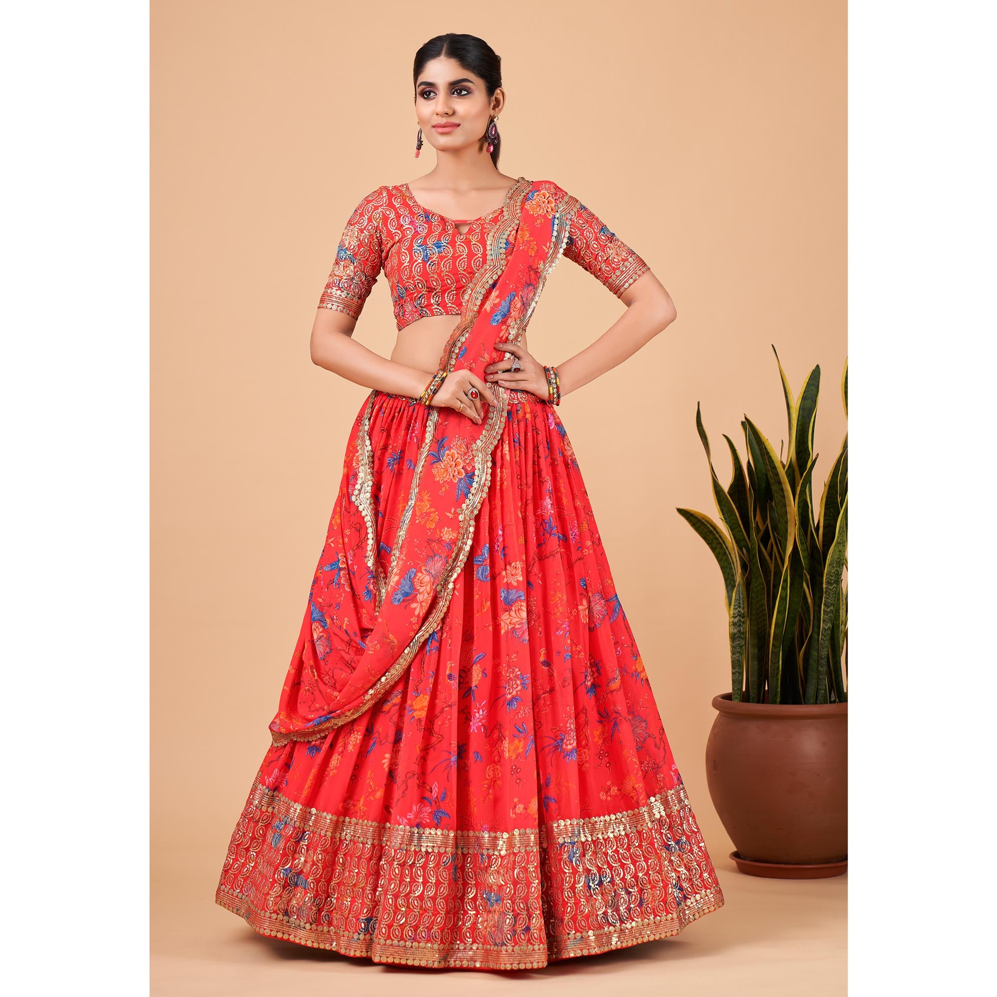 Coral Red Floral Printed And Sequins Work Georgette Lehenga Choli