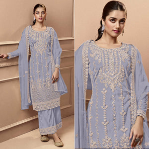 Grey Floral Embroidered Netted Pakistani Suit