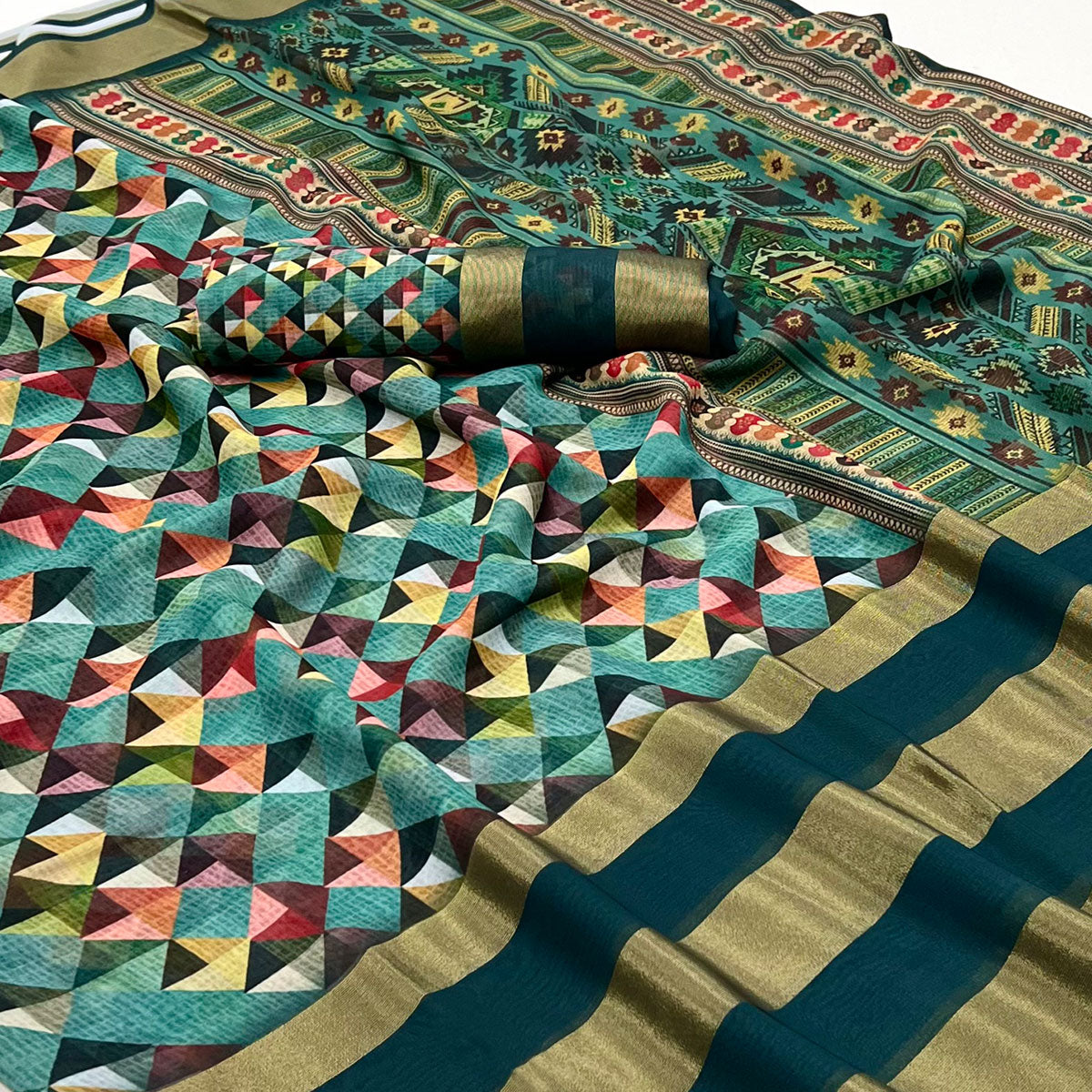 Firozi Blue Digital Printed Viscose Saree