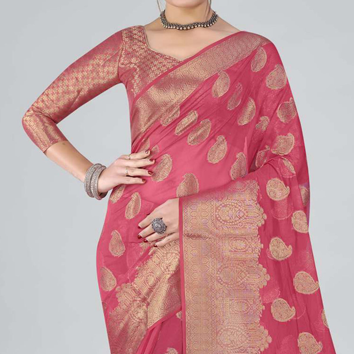 Pink Woven Organza Saree With Tassels