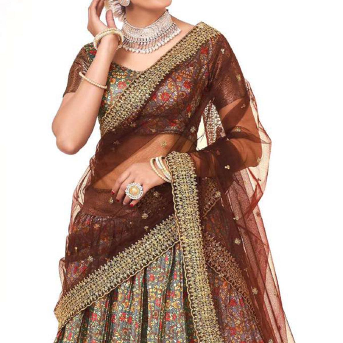 Grey Digital Printed With Zari Work Art Silk Lehenga Choli