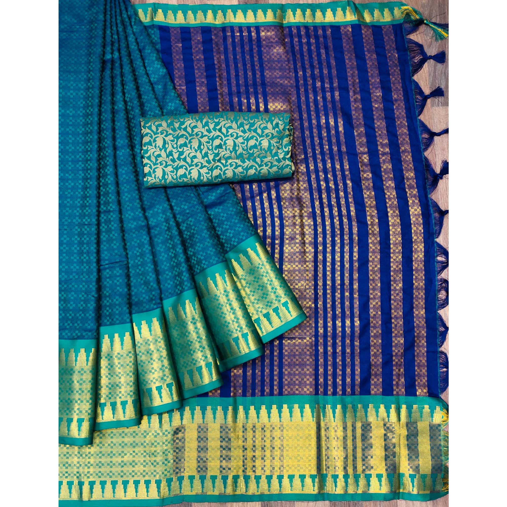 Ocean Blue Woven Cotton Silk Saree With Tassels