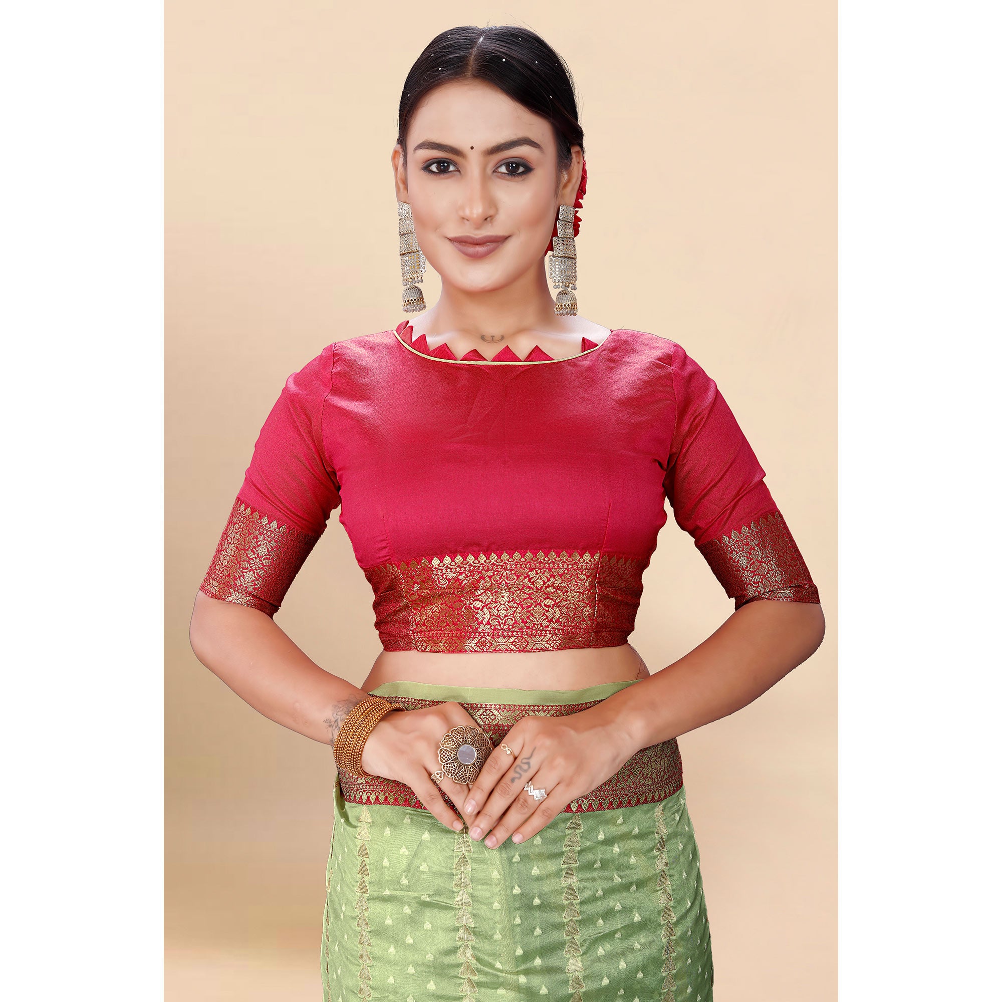 Green Woven Organza Saree With Tassels