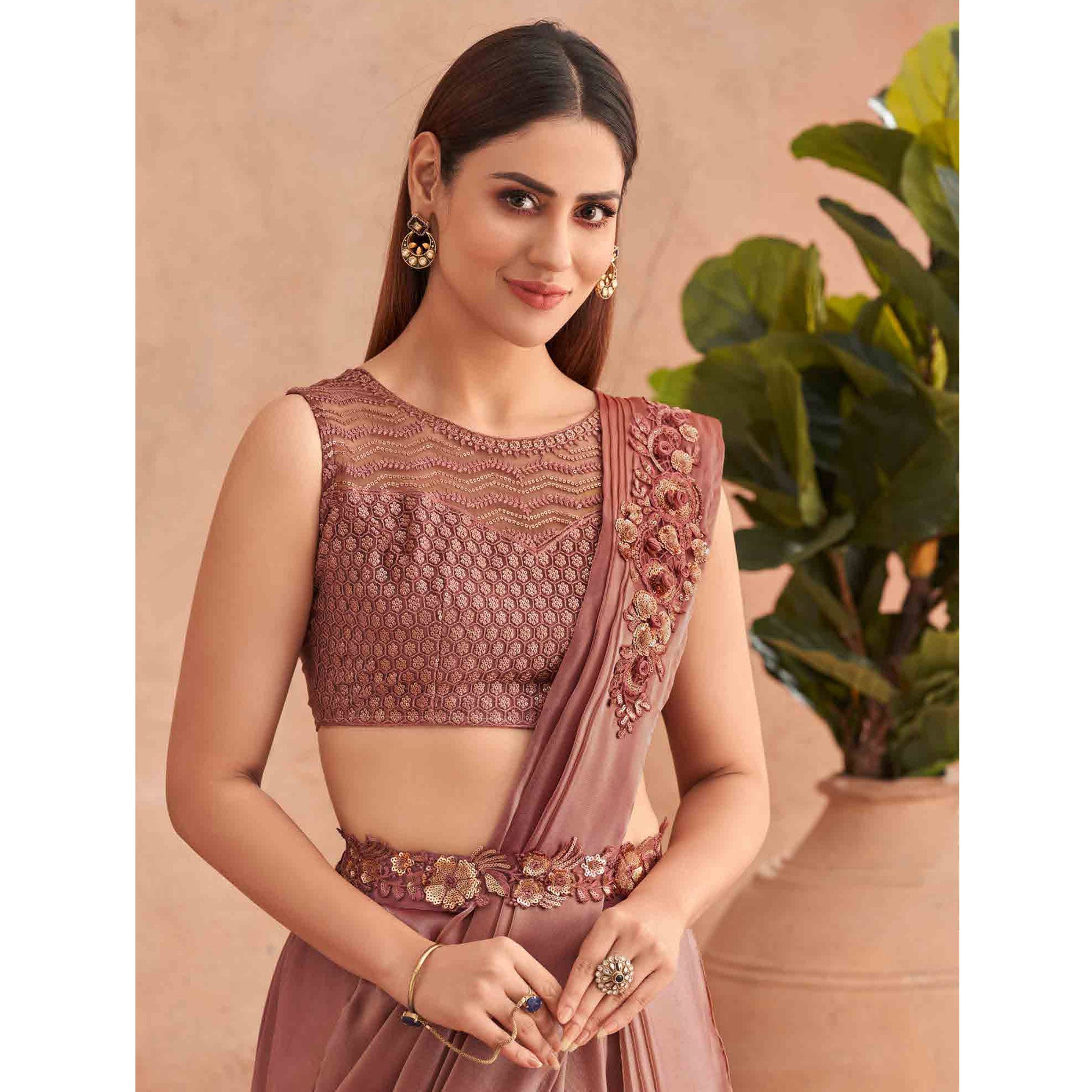 Salmon Pink Sequins Embroidered Ready to Wear Art Silk Saree