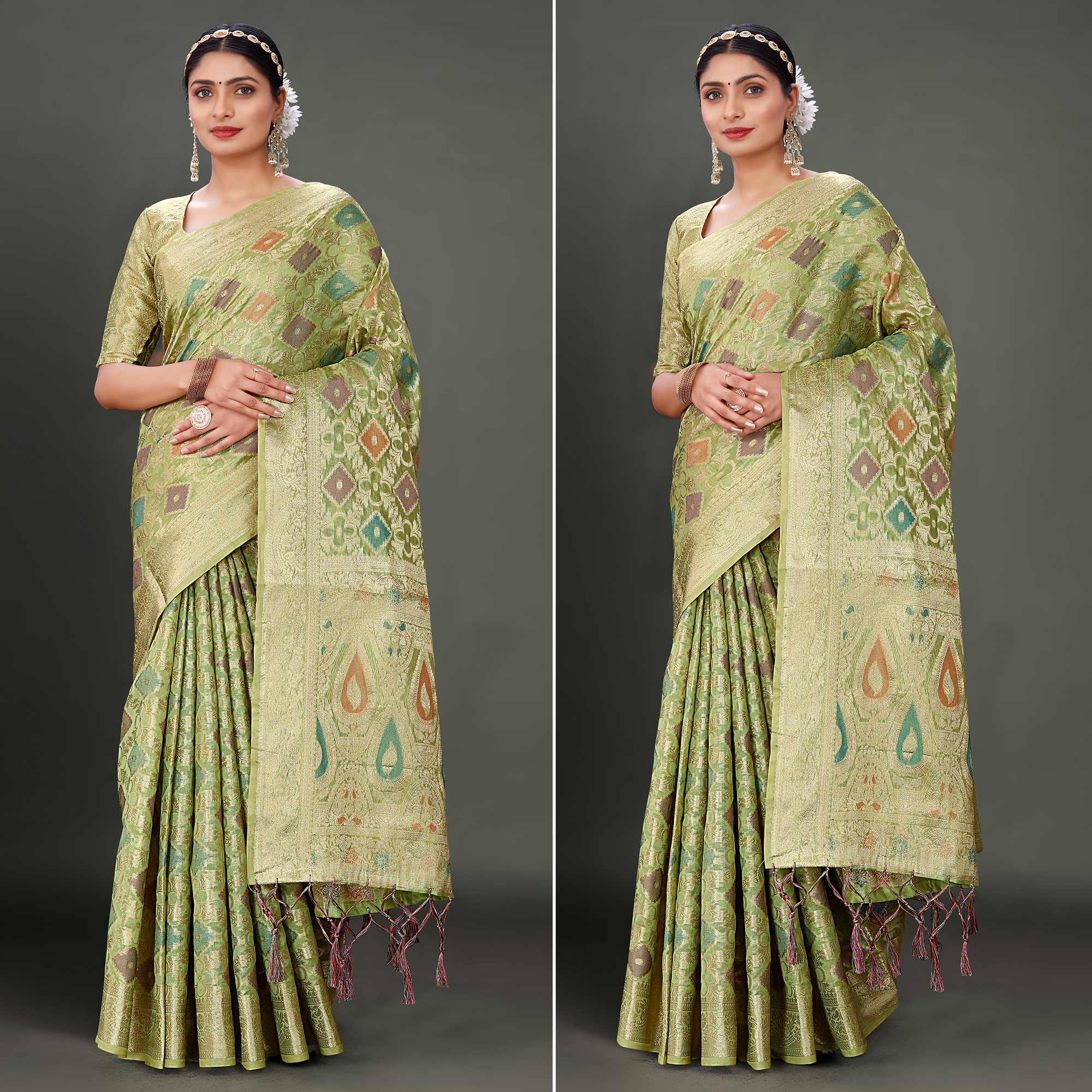 Green Woven Organza Saree With Tassels