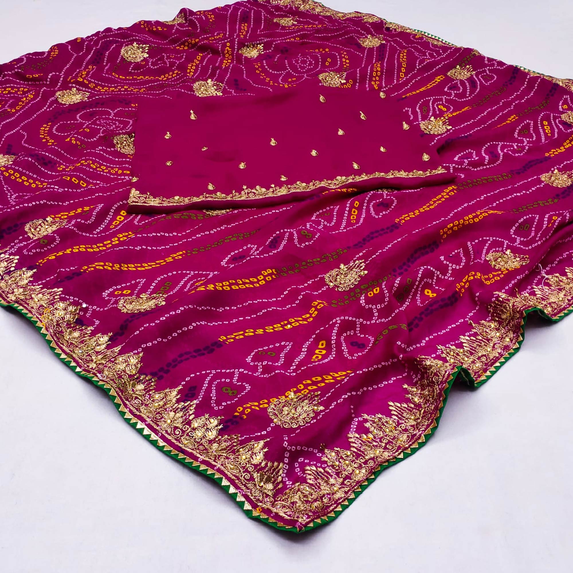 Rani Pink Embroidered With Bandhani Printed Georgette Saree