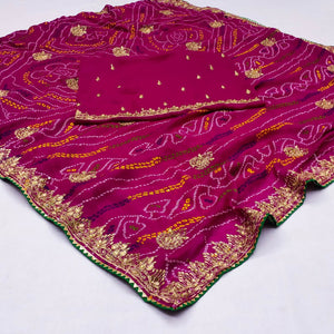 Rani Pink Embroidered With Bandhani Printed Georgette Saree