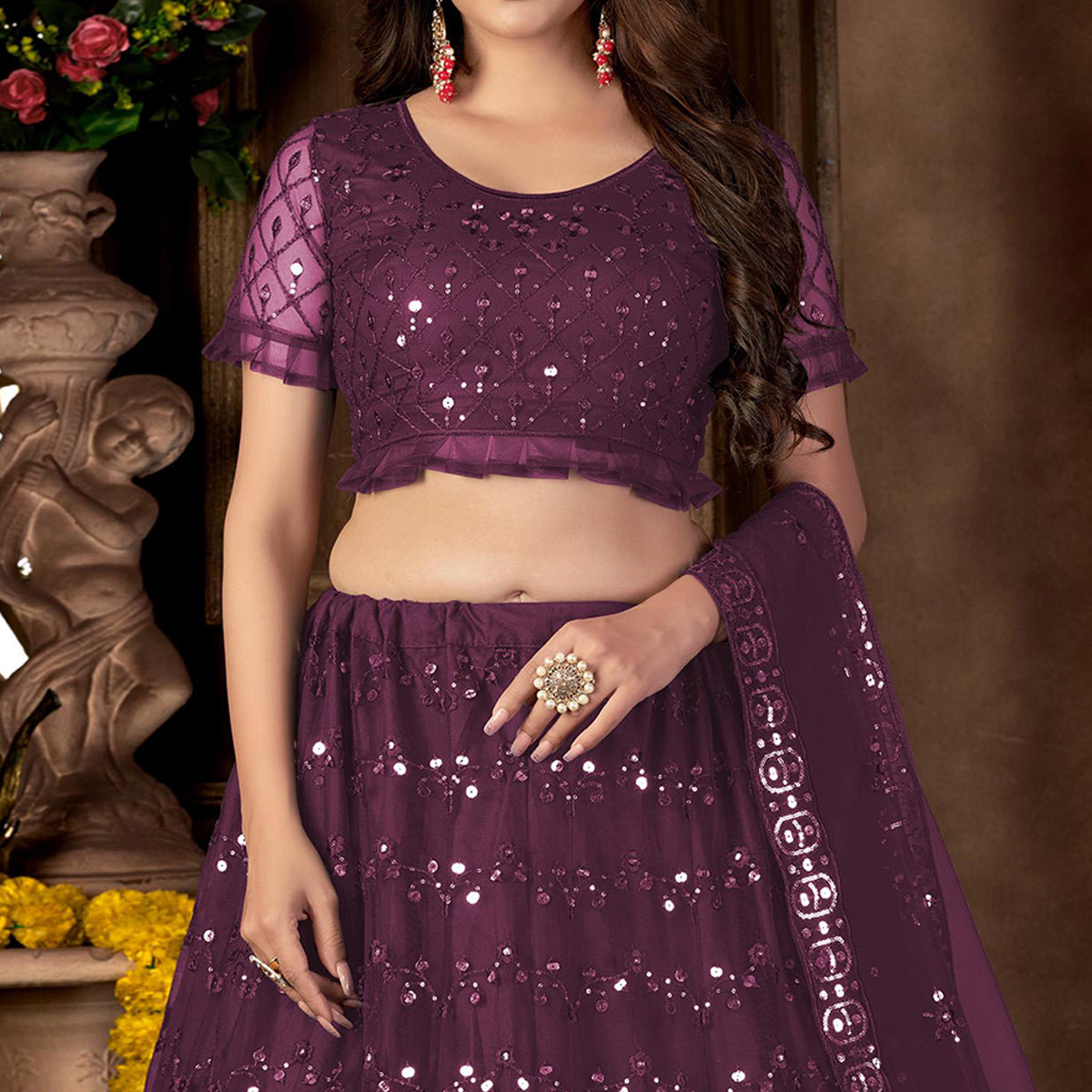 Purple Sequins Embroidered Net Lehenga Choli