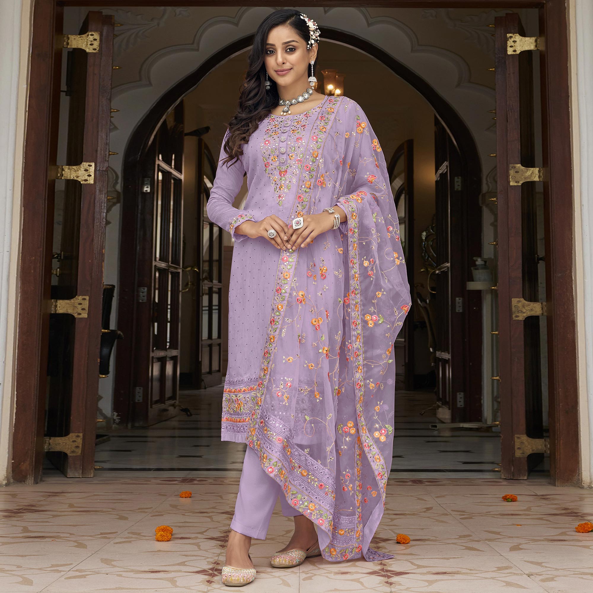 Light Purple Floral Embroidered Georgette Salwar Suit