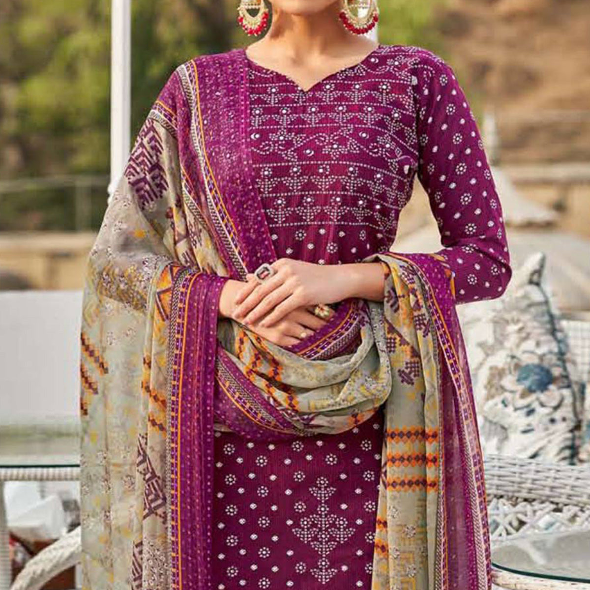 Wine Bandhani Printed Pure Cotton Salwar Suit