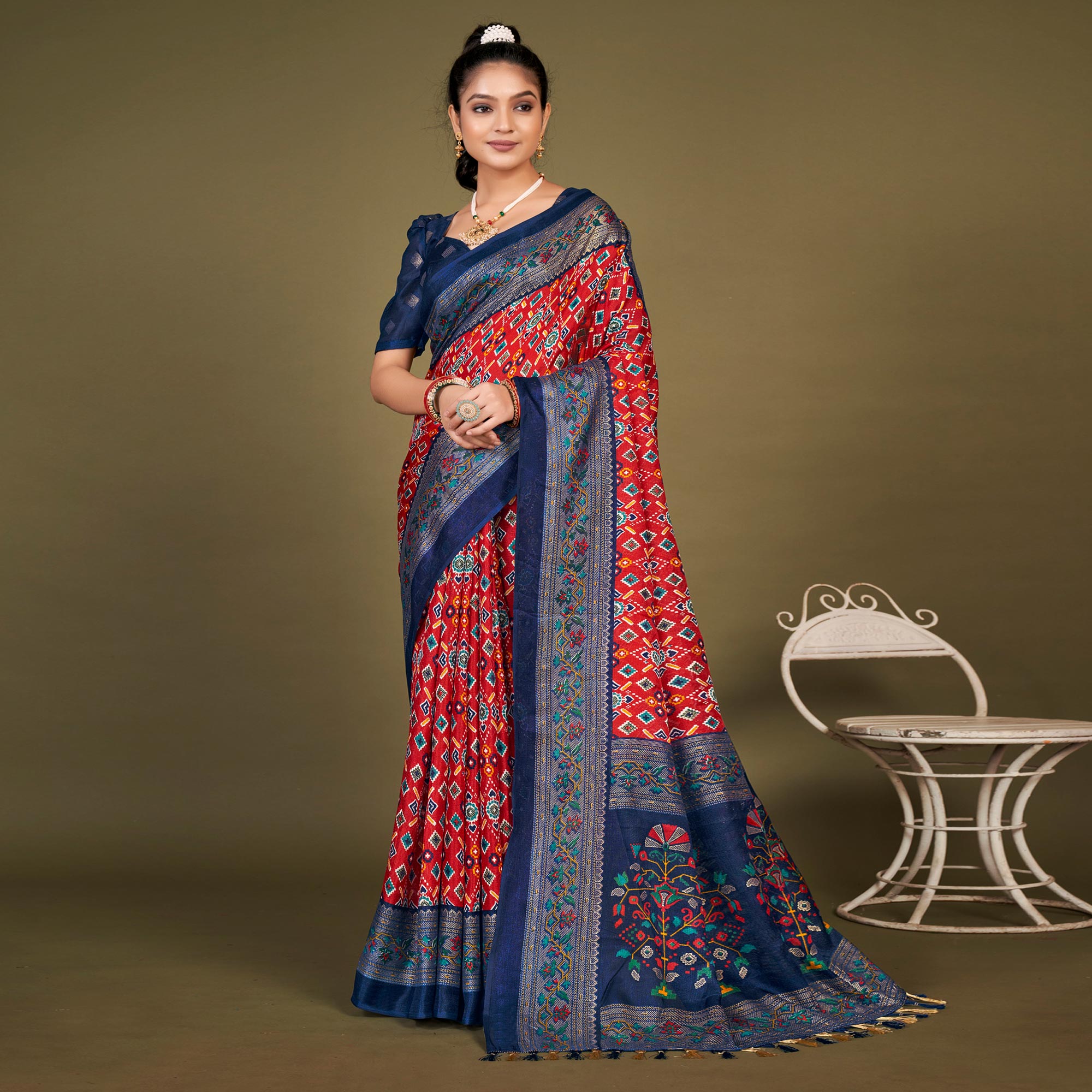 Red Printed Jute Patola Saree With Tassels