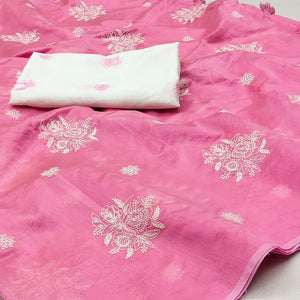 Pink Floral Embroidered Chanderi Saree With Tassels
