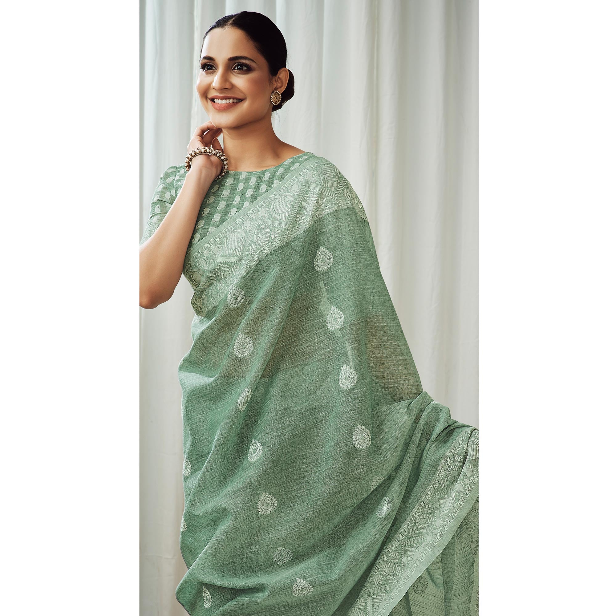 Green Woven Linen Saree