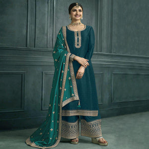 Aqua Blue Embroidered Georgette Semi Stitched Palazzo Suit