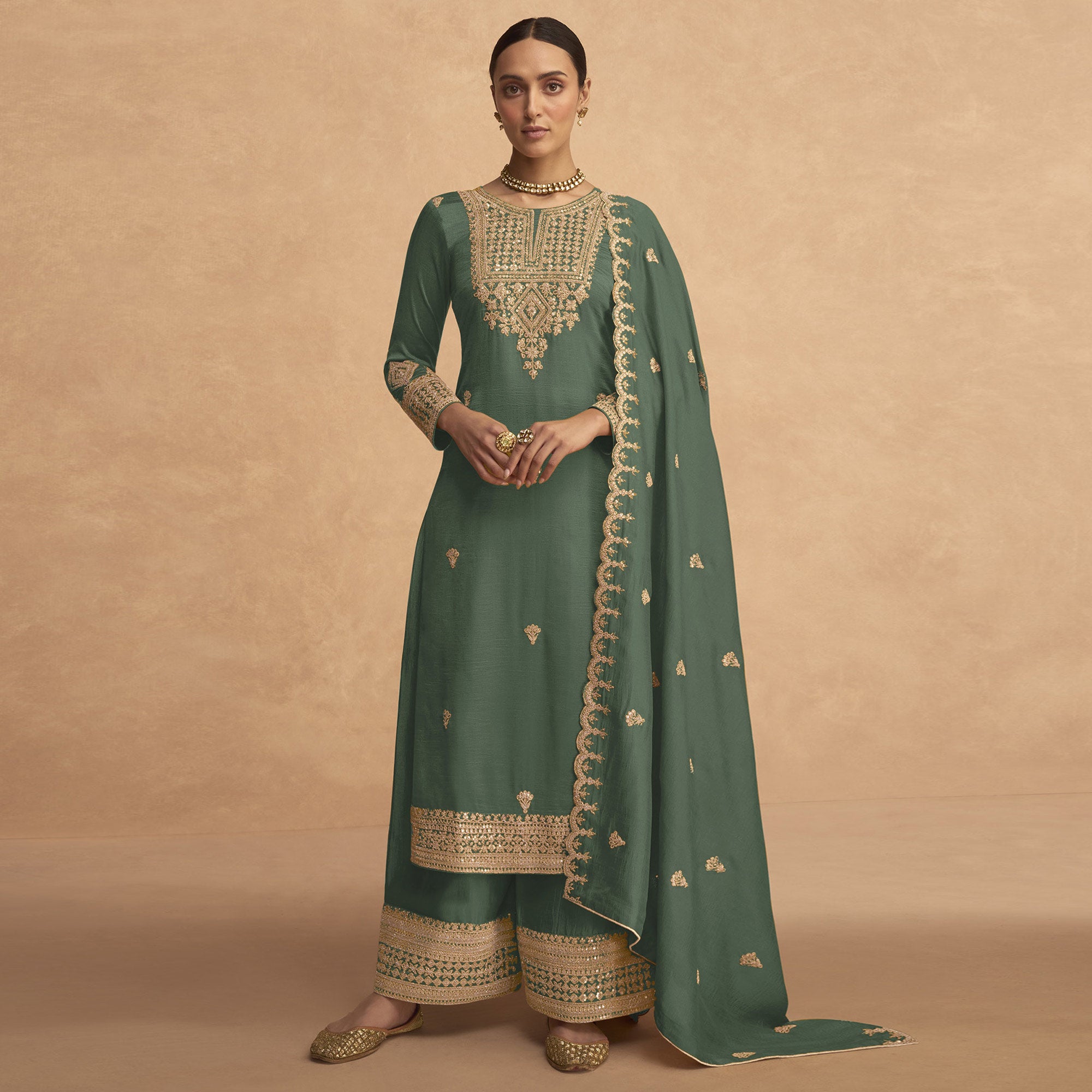 Green Sequins Embroidered Georgette Palazzo Suit
