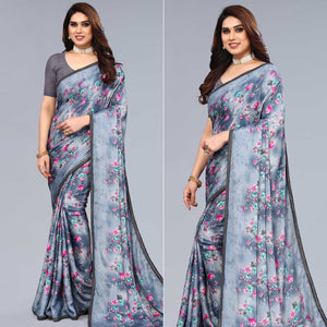 Grey Floral Printed Art Silk Saree With Crochet Border