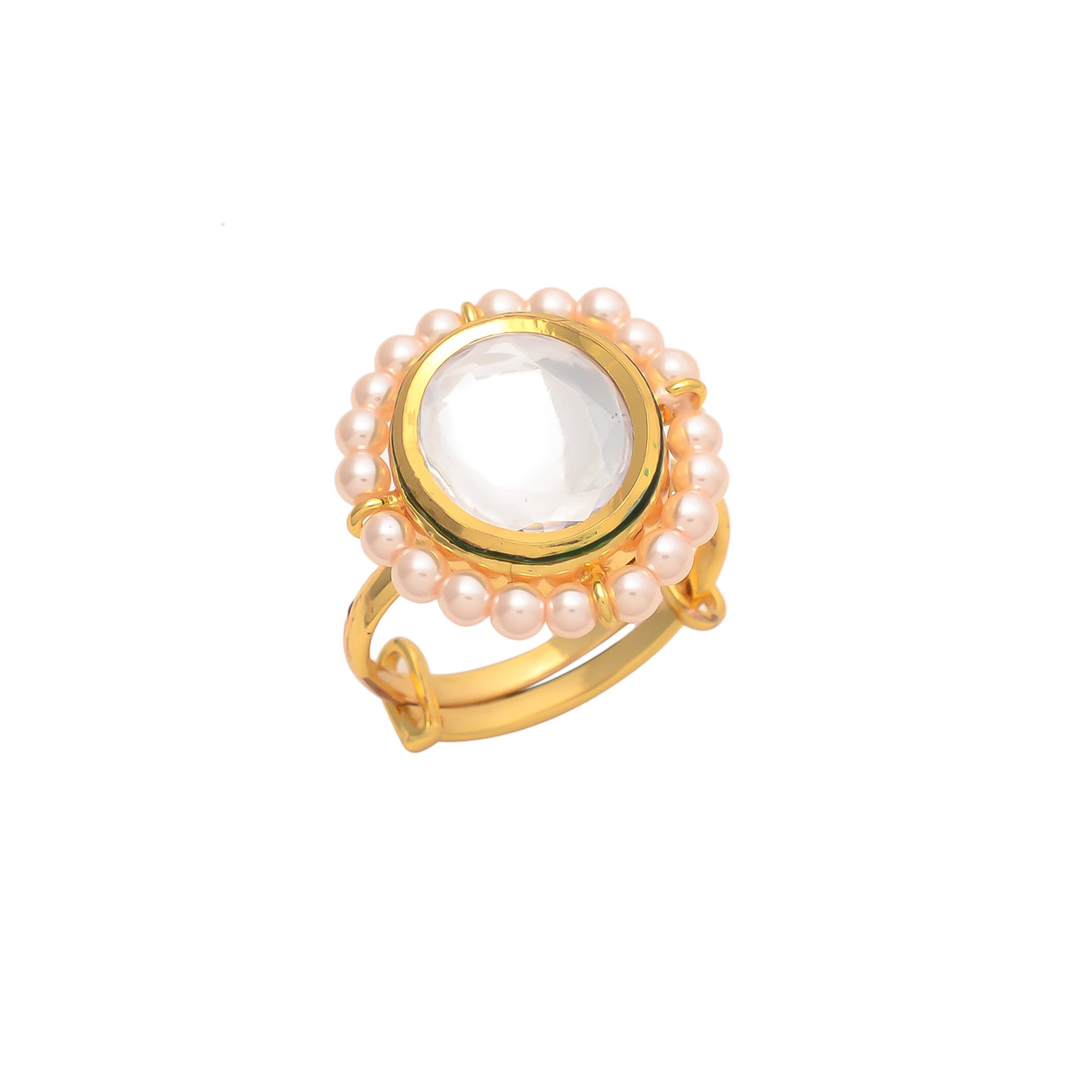 Gold Polish Kundan Meena Pearl Adjustable Ring