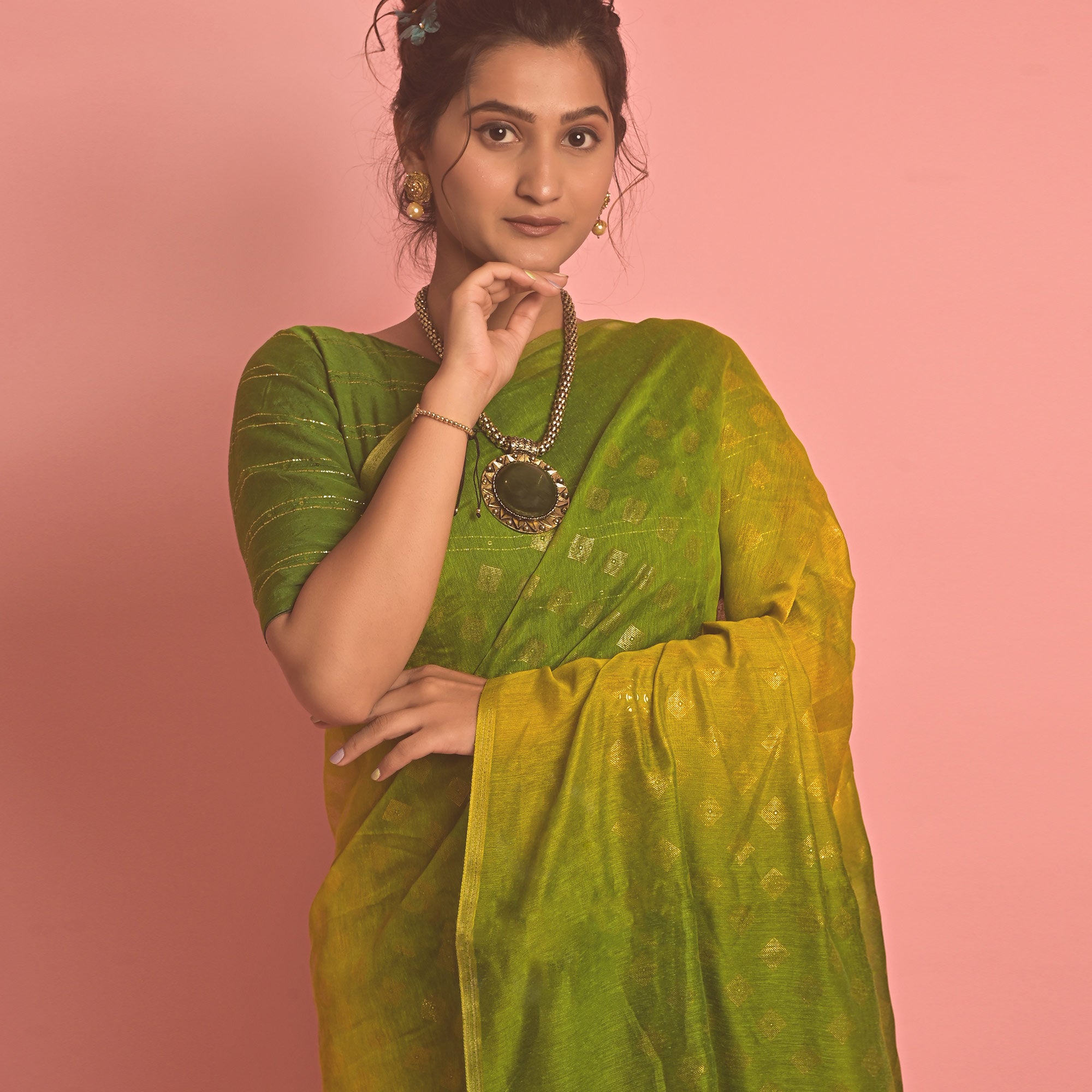 Green & Olive Foil Printed Cotton Blend Saree