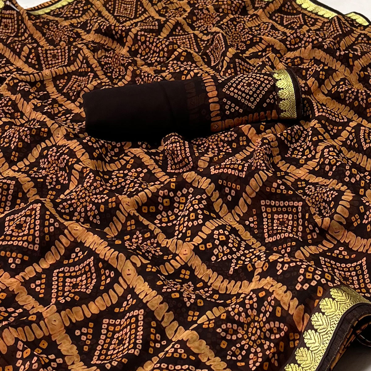 Dark Brown Bandhani Printed Georgette Saree With Designer Border