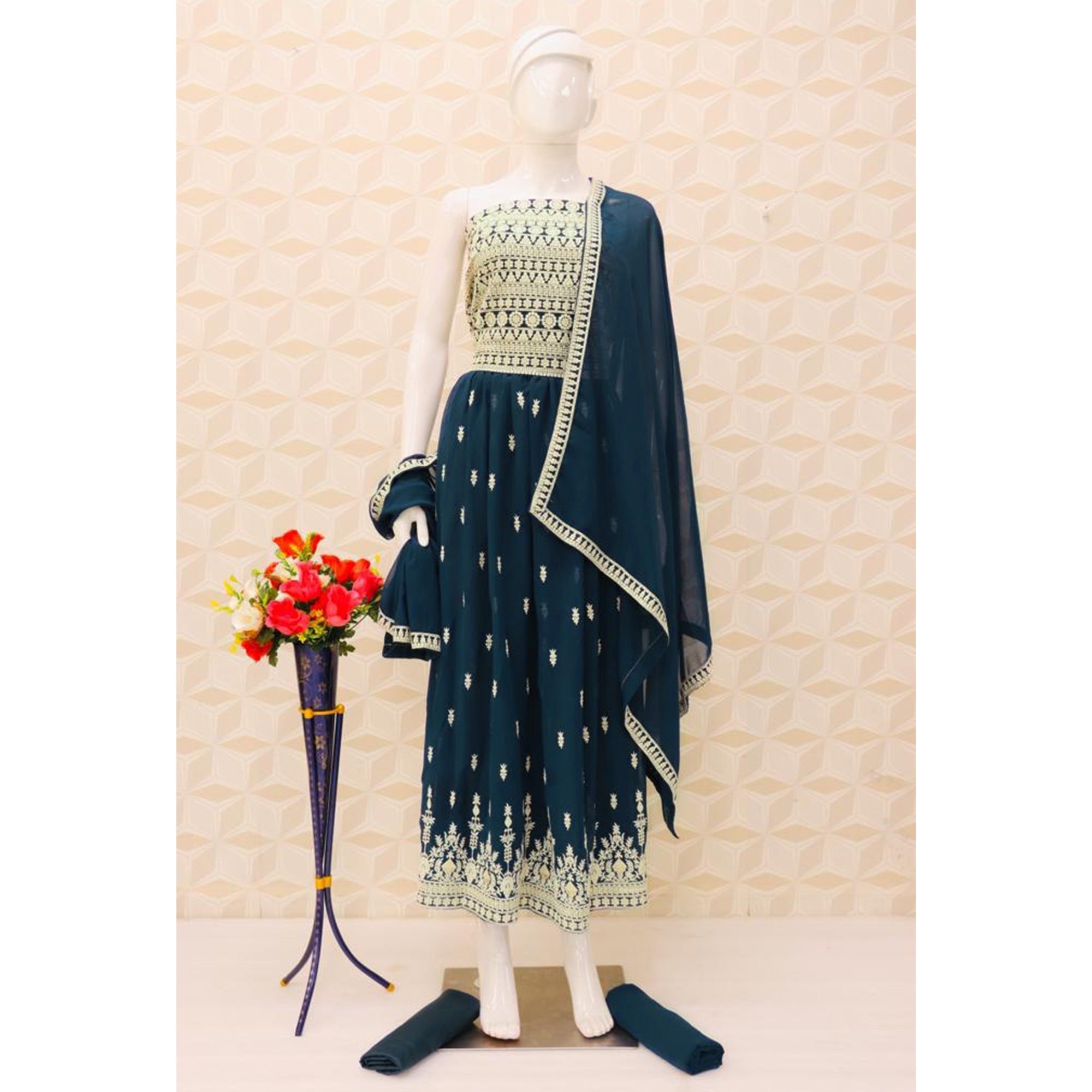 Blue Embroidered Georgette Naira Cut Semi Stitched Palazzo Suit