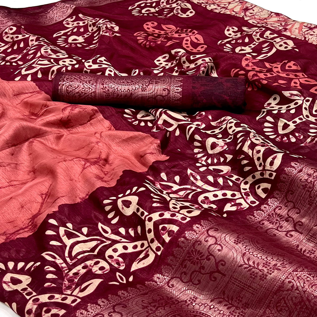 Pink Floral Printed With Woven Dola Silk Saree