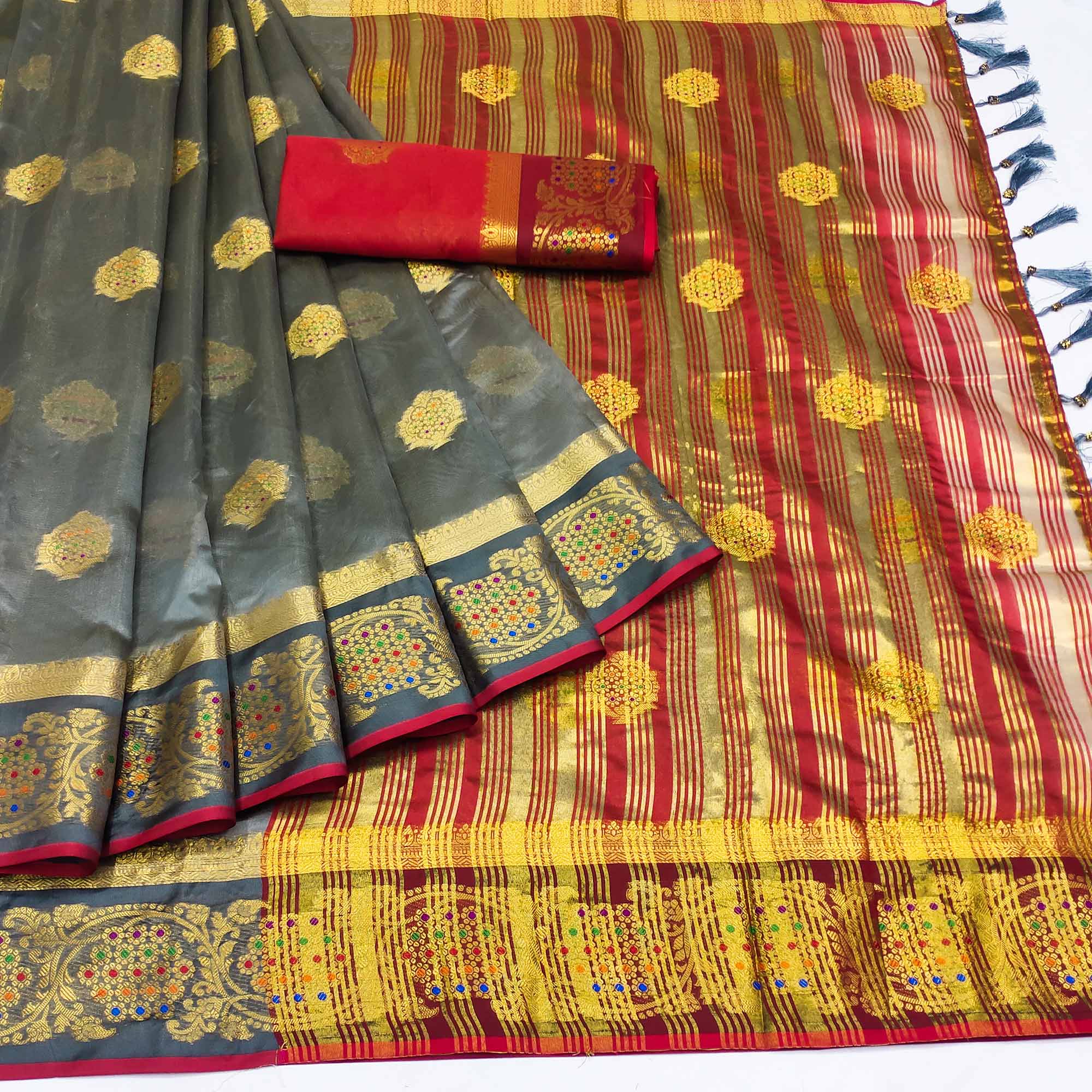 Grey Floral Woven Organza Saree With Tassels