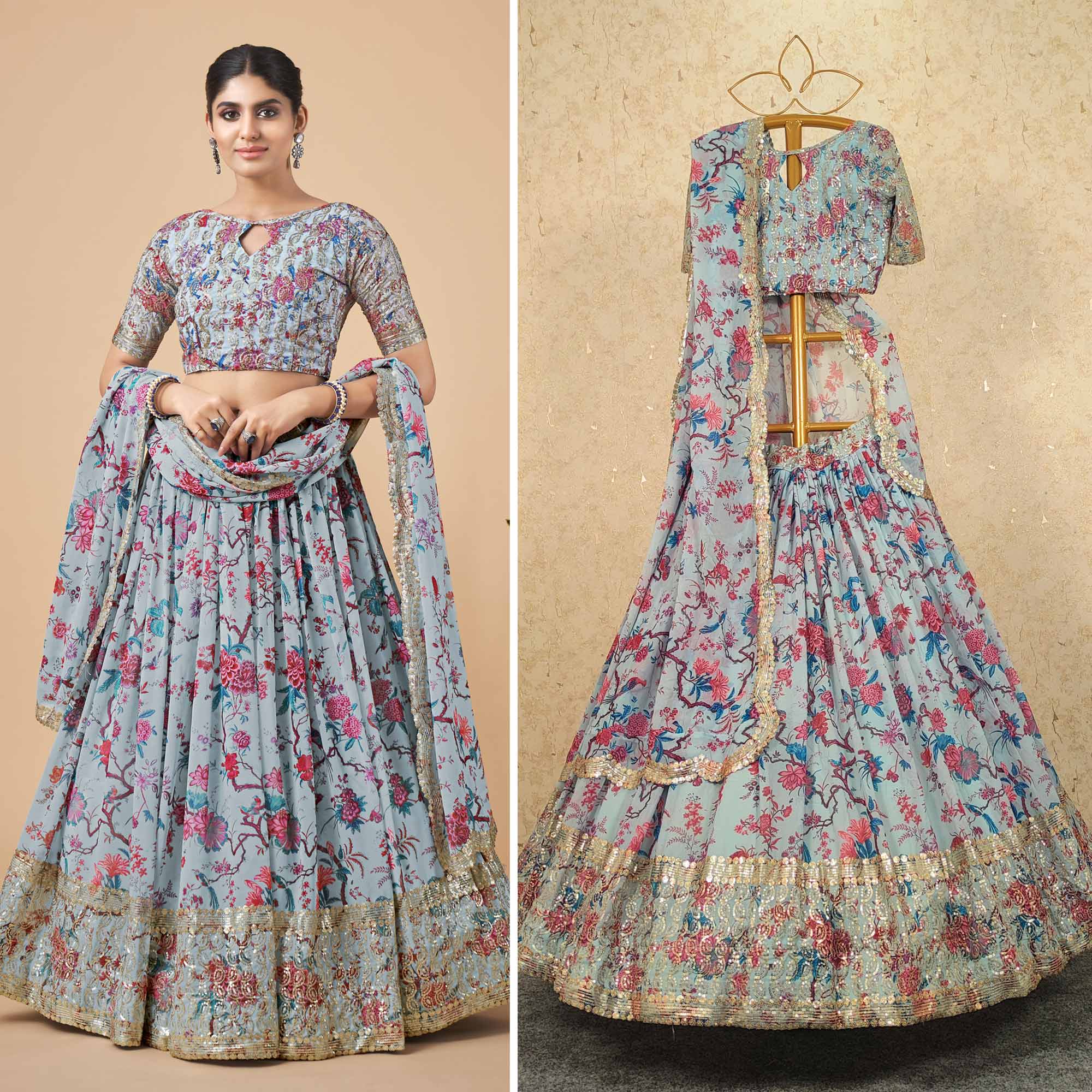 Light Blue Floral Printed And Sequins Work Georgette Lehenga Choli