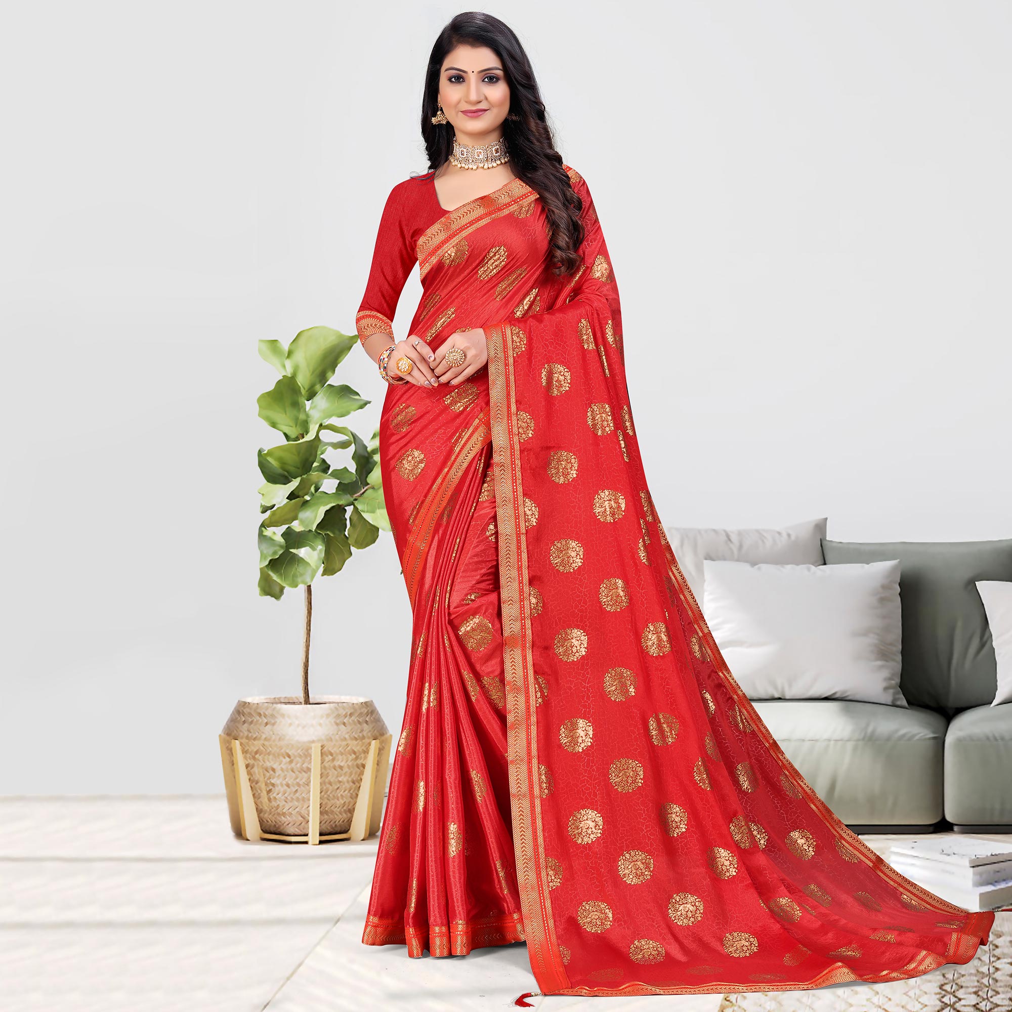 Red Foil Printed Chiffon Saree