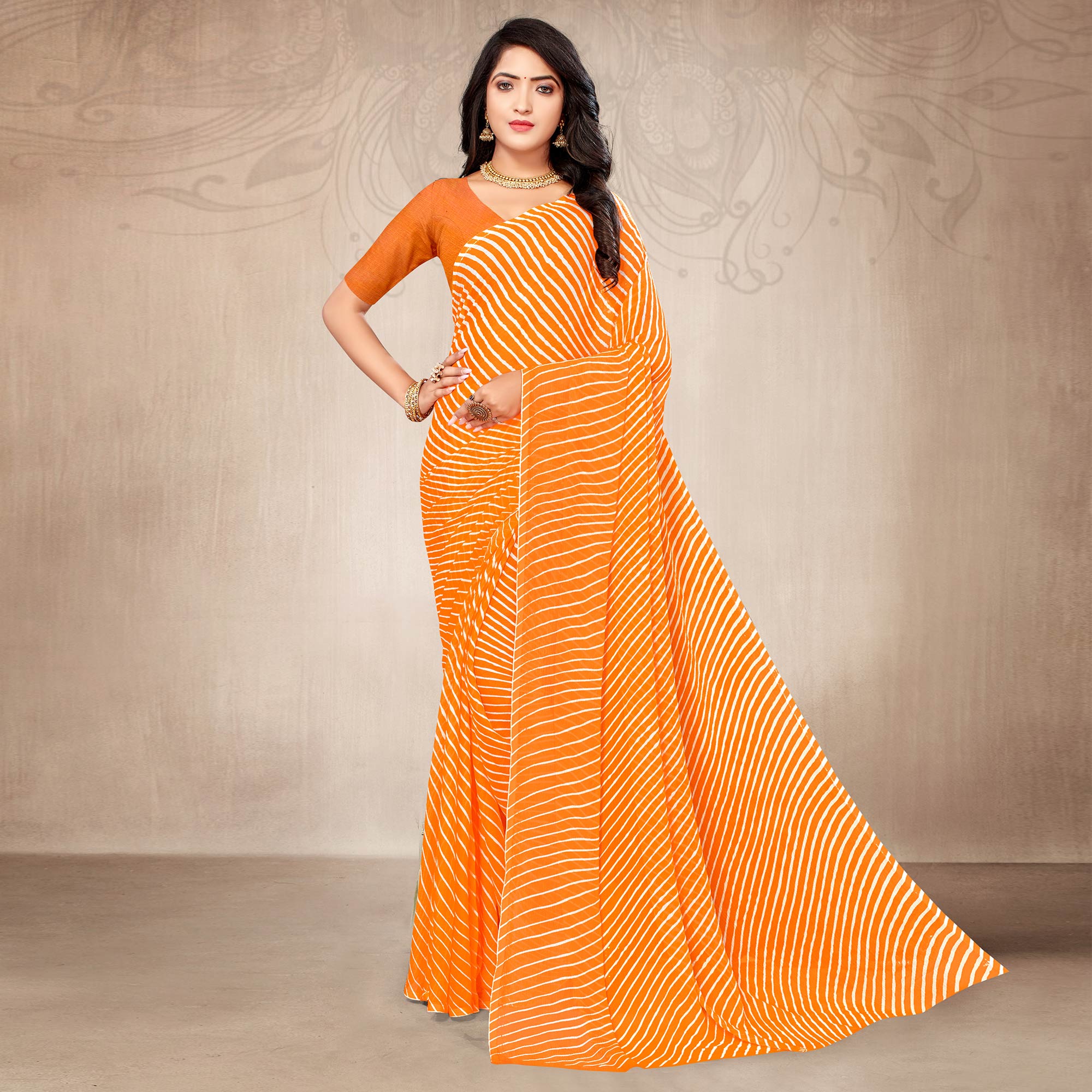 Orange Striped Printed Chiffon Saree